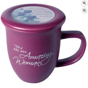 NWOT Abbey Press Purple Amazing Woman Ceramic Coffee Mug and Coaster/Lid, 14 oz
